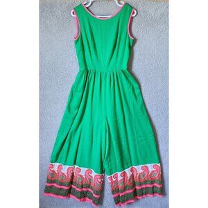 Vtg 60s 70s Alfred Shaheen Women's S/M Sleeveless Funky Wide Leg Jumpsuit Green